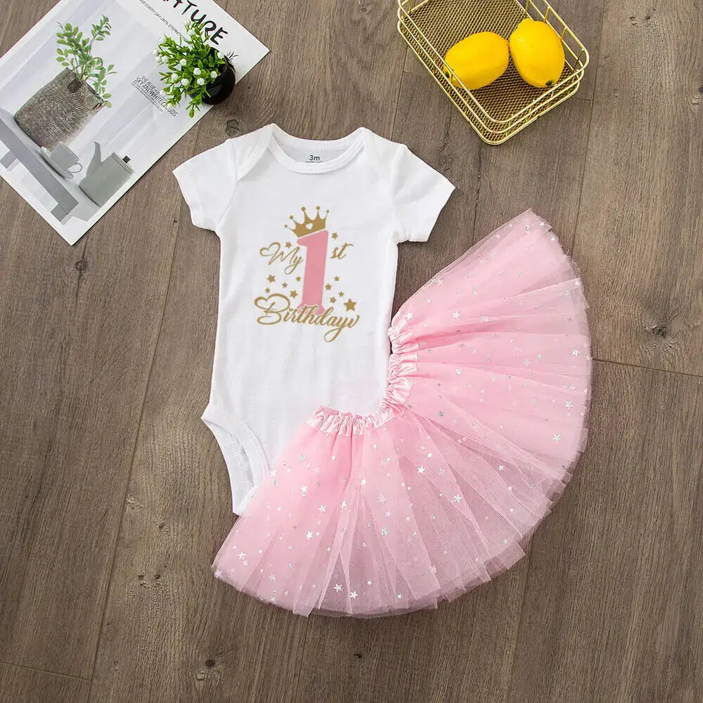 1st Birthday Pink Tutu Dress &amp; Romper Set for Baby Girl