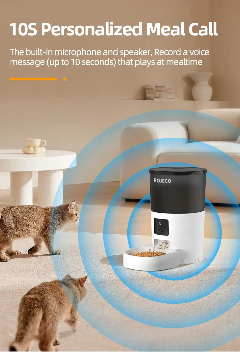 Smart feeder with camera and voice recorder, ideal for pet surveillance and feeding, featuring personalized meal call.