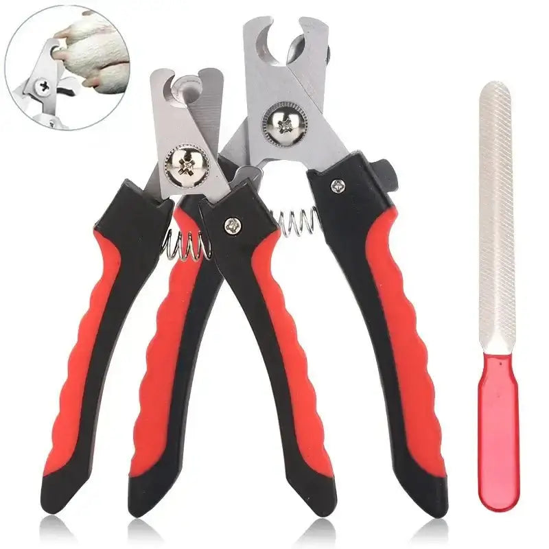 Professional pet nail clippers with sickle blade and stainless steel grooming scissors for dogs and cats with nail file.