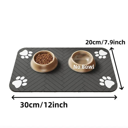 Waterproof pet feeding mat with absorbent surface and paw print design, measuring 30cm x 20cm, ideal for bowls.