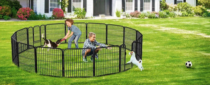 Children playing with dogs in a metal dog fence with a gate, set up in a yard, illustrating no-dig animal barrier and playpen.