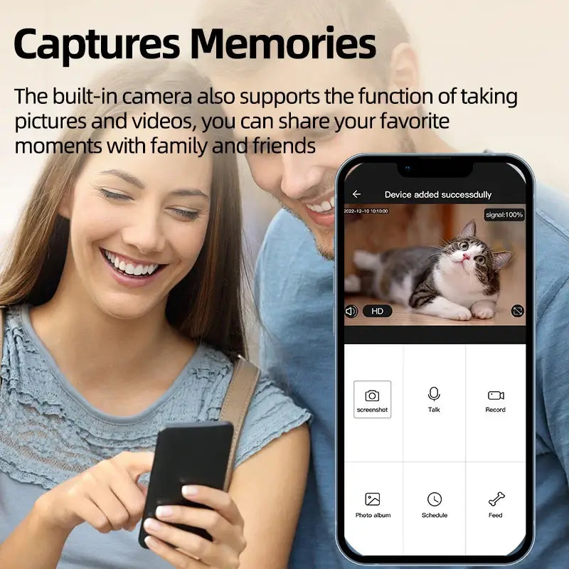 Woman using smartphone with built-in camera to capture moments of a cat, showcasing pet monitoring features.