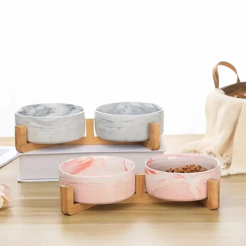 &quot;Ceramic Pet Bowls with Wooden No-Spill Stand&quot;