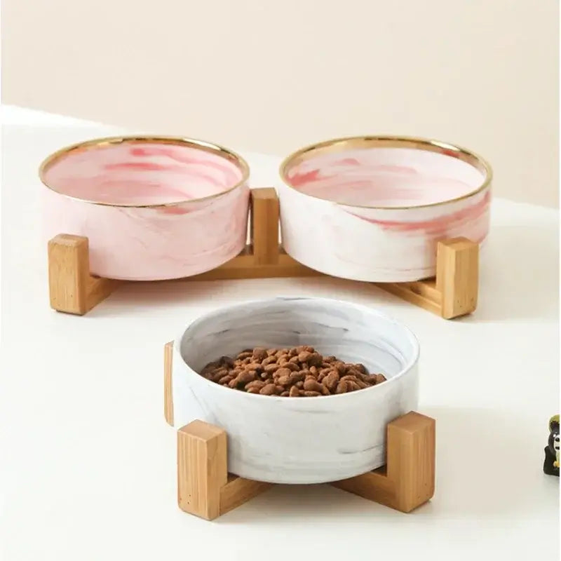 &quot;Ceramic Pet Bowls with Wooden No-Spill Stand&quot;