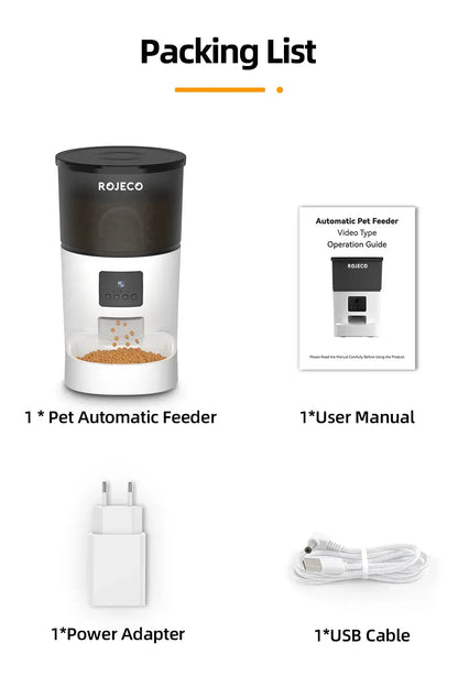 Packing list for ROJECO Smart Feeder includes automatic pet feeder, user manual, power adapter, and USB cable.