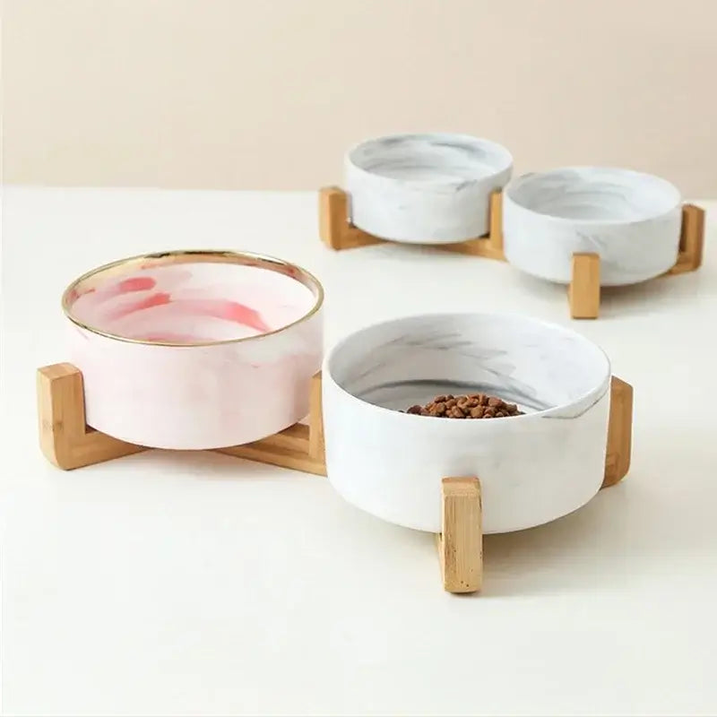 &quot;Ceramic Pet Bowls with Wooden No-Spill Stand&quot;