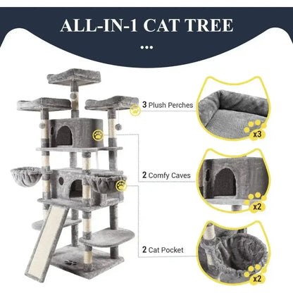 &quot;68 - Inch Multi - Level Cat Tree with Condo, Scratching Posts &amp; Towers – Light Grey&quot; - Paws For Baby