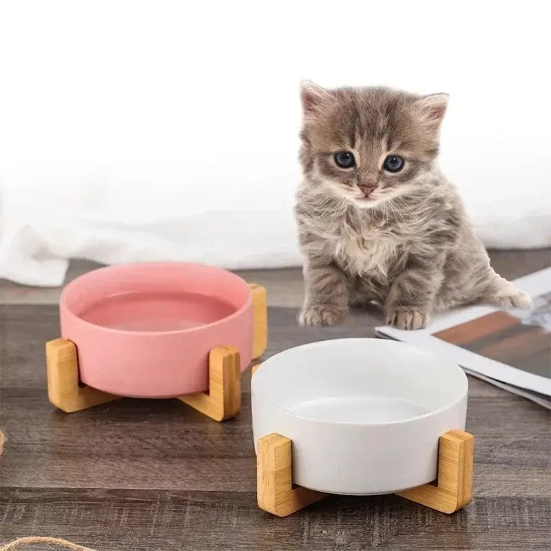 &quot;Ceramic Pet Bowls with Wooden No-Spill Stand&quot;