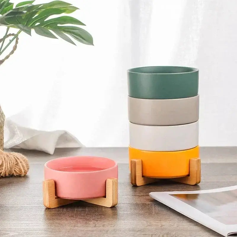 &quot;Ceramic Pet Bowls with Wooden No-Spill Stand&quot;