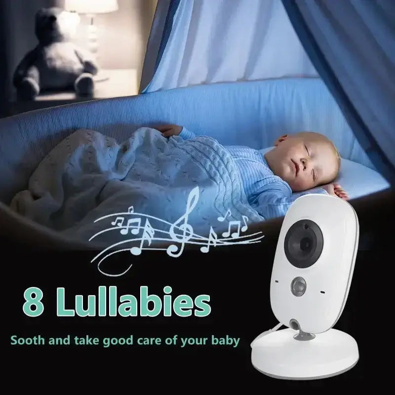 Baby Monitor VB603 V2 with night vision and two-way audio next to sleeping baby in crib, text &quot;8 Lullabies, Sooth and take good care of your baby&quot;