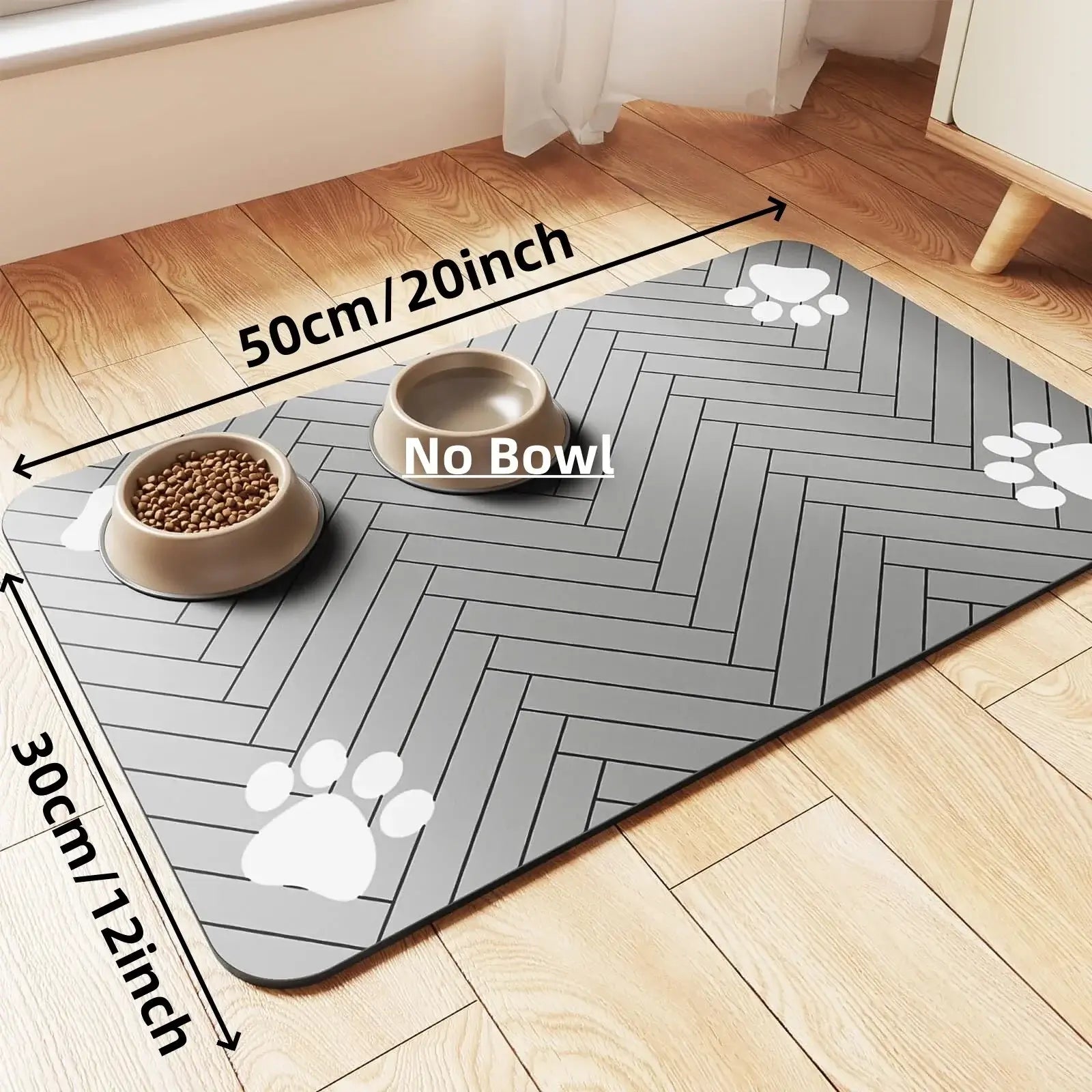 Waterproof pet feeding mat with paw prints, ideal for food and water bowls, quick-dry and absorbent design.