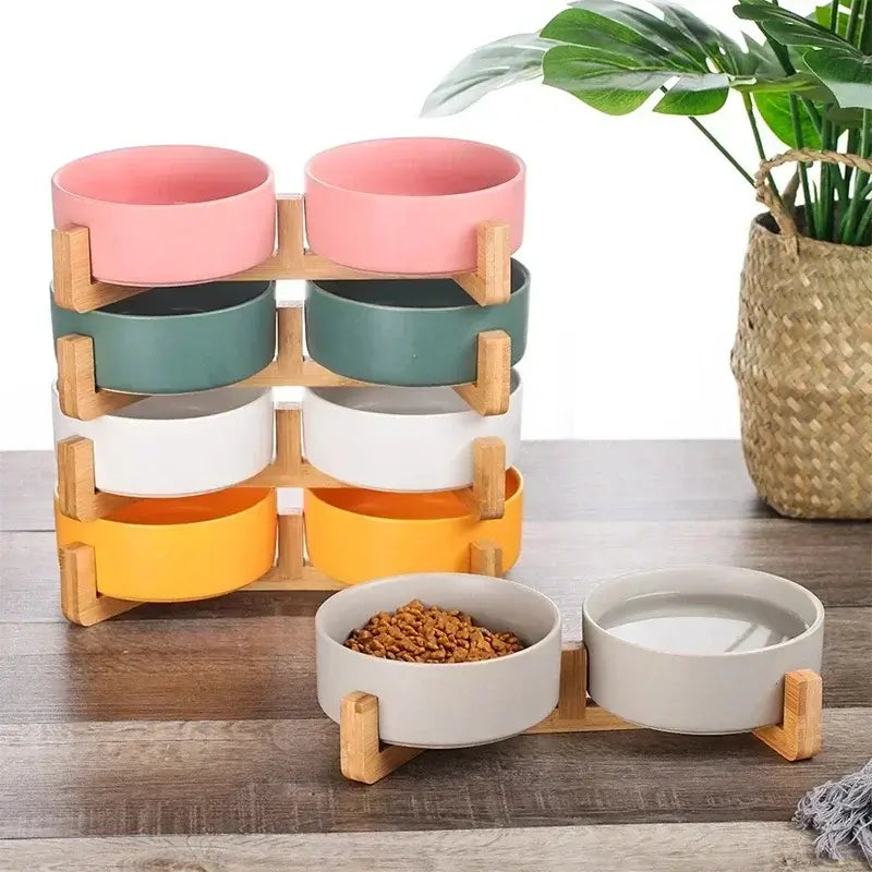 &quot;Ceramic Pet Bowls with Wooden No-Spill Stand&quot;