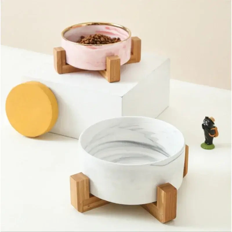 &quot;Ceramic Pet Bowls with Wooden No-Spill Stand&quot;