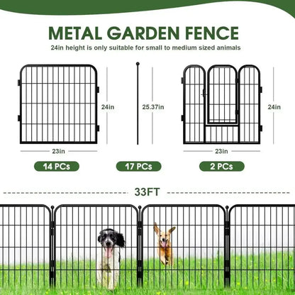 Metal dog fence with gate, 33ft no-dig barrier and playpen illustration, suitable for small to medium-sized animals in yard or camping.