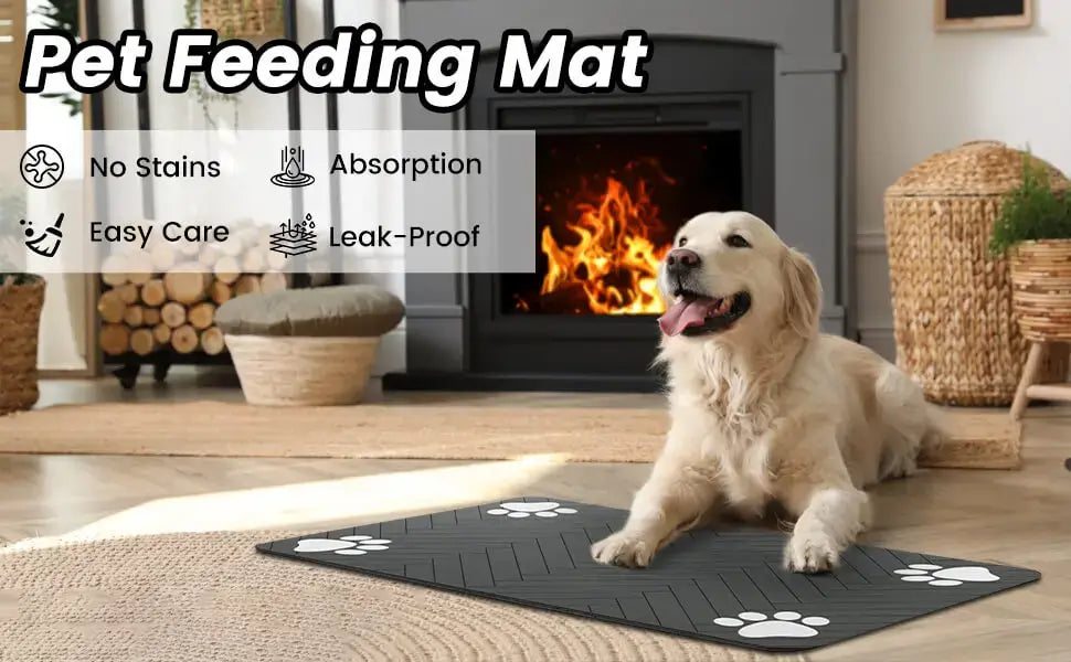 Waterproof pet feeding mat with paw prints, designed for easy care, absorption, and leak-proof performance.