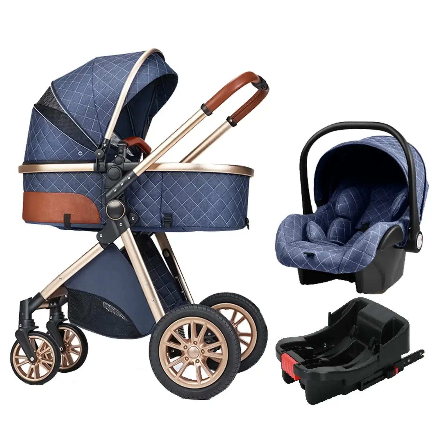 3 in 1 Luxury Stroller in navy with infant car seat and base, foldable design for high visibility and easy travel.