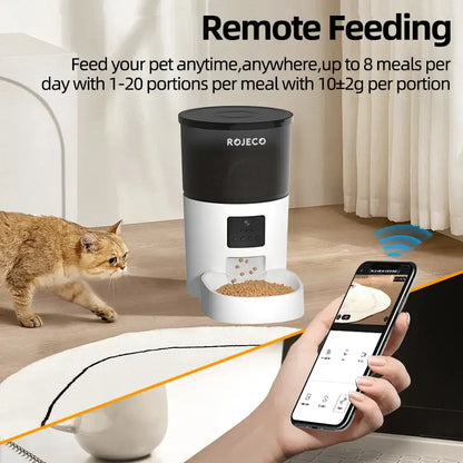 Smart pet feeder with remote feeding, allowing up to 8 meals daily, for convenient pet care from anywhere.