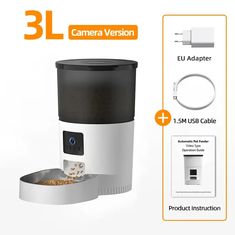 Automatic pet feeder with camera version, EU adapter, 1.5M USB cable, and product instruction guide for pet care.