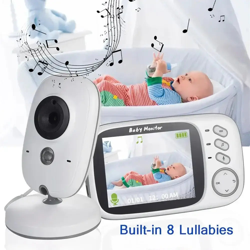 Baby Monitor VB603 V2 with LCD screen, night vision camera, two-way audio, and built-in lullabies; monitoring a baby in a crib.