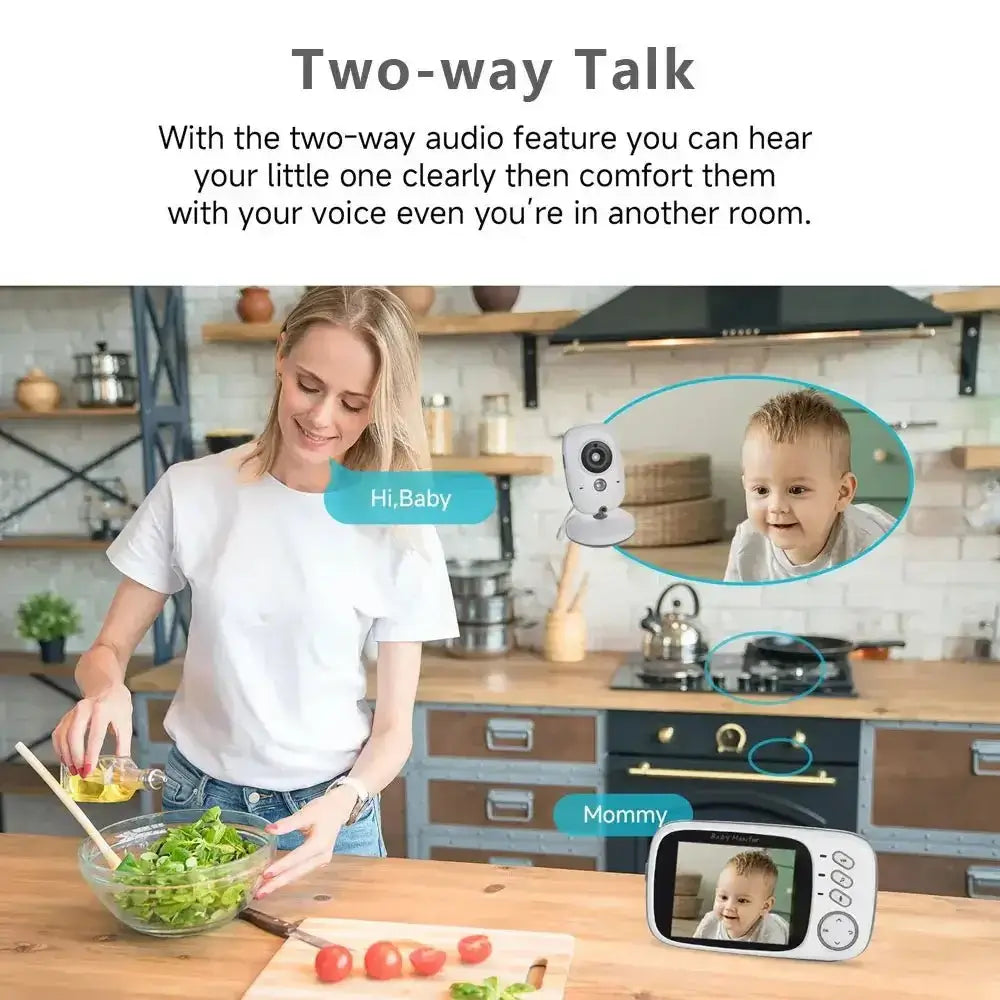 Mother using Baby Monitor VB603 V2 with two-way audio feature to talk to baby on LCD screen while preparing salad in kitchen.