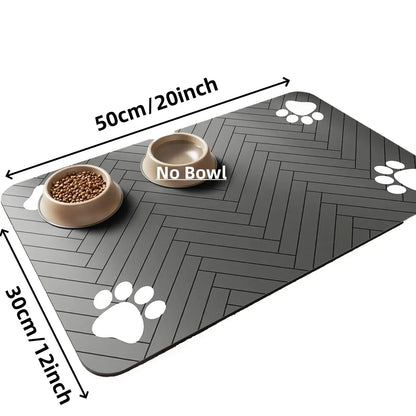 Waterproof pet feeding mat with paw print design, measuring 50cm x 30cm, accommodates food and water bowls.