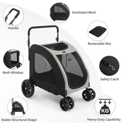 Dog stroller cart for extra large pets with ventilated mesh, removable mat, safety catch, and four wheels; supports up to 100 lbs