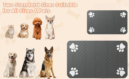 Waterproof pet feeding mat with paw prints, available in two sizes for all pets and breeds.