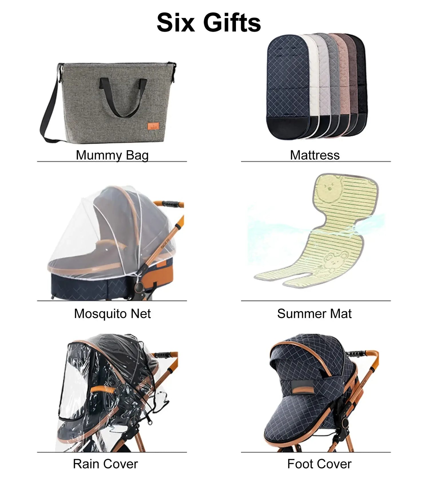 Image showcasing six gifts included with the 3 in 1 Luxury Stroller: Mummy Bag, Mattress, Mosquito Net, Summer Mat, Rain Cover, and Foot Cover.