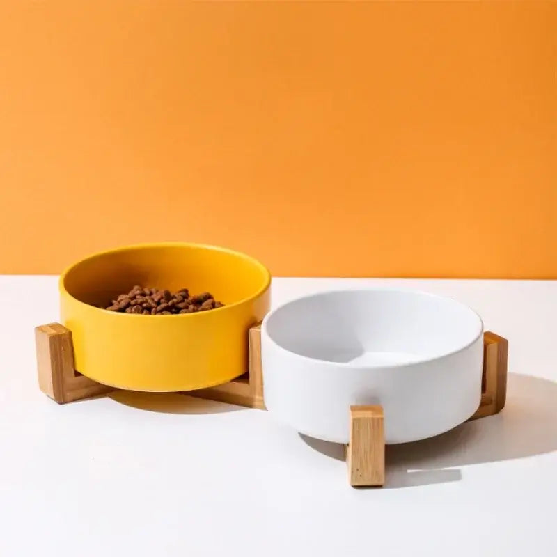 &quot;Ceramic Pet Bowls with Wooden No-Spill Stand&quot;