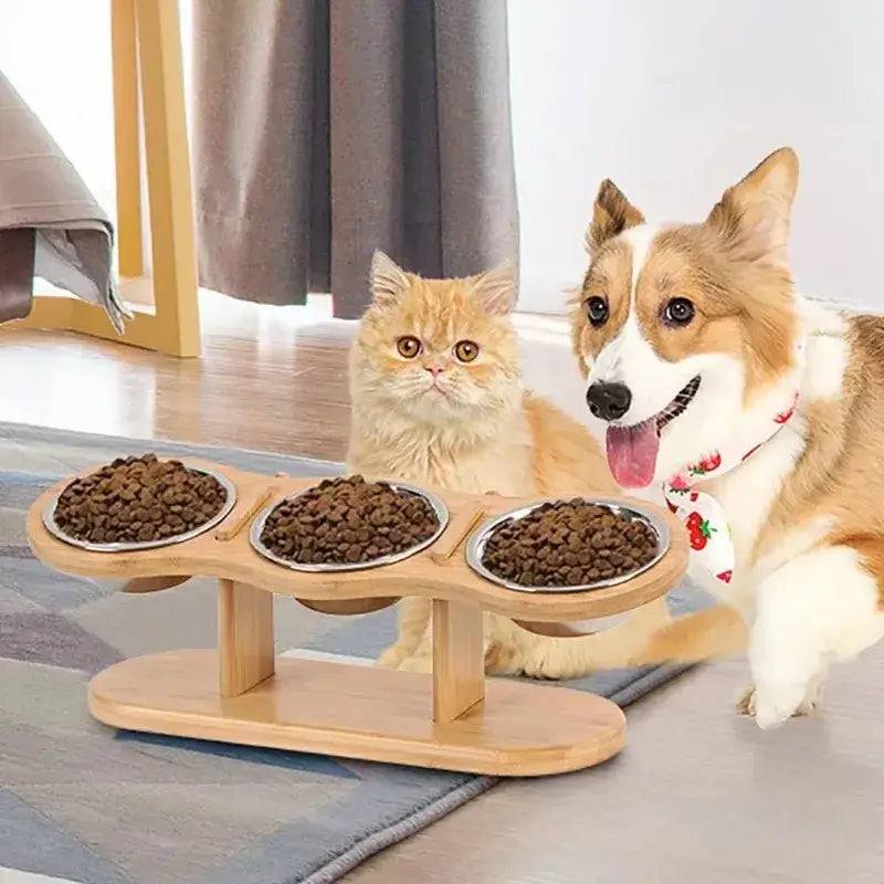 &quot;Wooden Cat Bowl Stand: Neck-Protecting Design&quot;