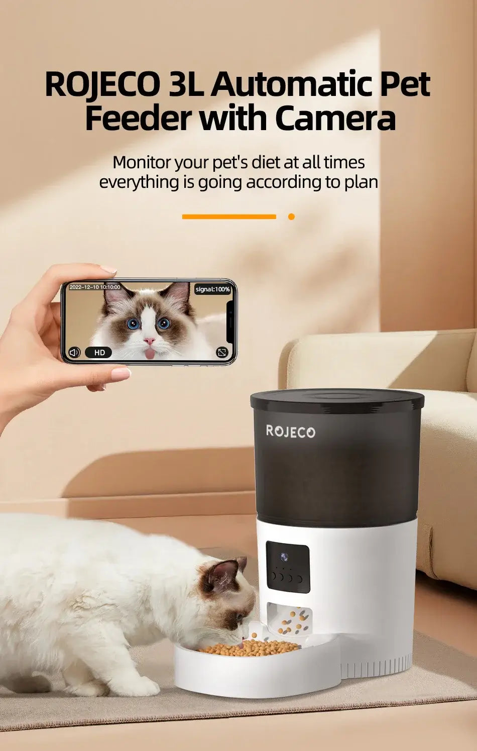 ROJECO 3L automatic pet feeder with camera, monitoring pet diet and behavior, ensuring happy pets.