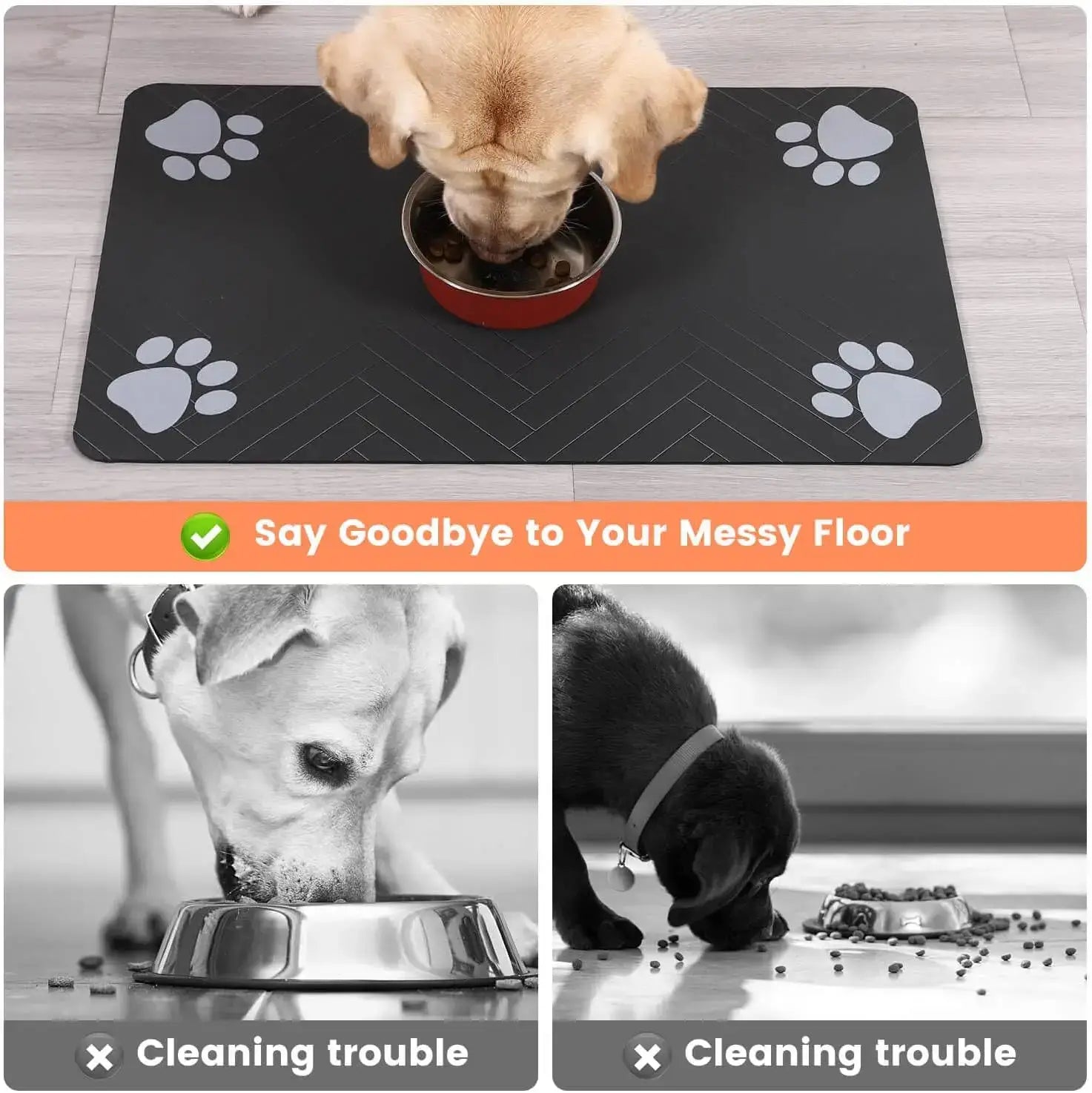 Waterproof pet feeding mat with absorbent surface and quick-dry features, ensuring clean floors while pets eat.