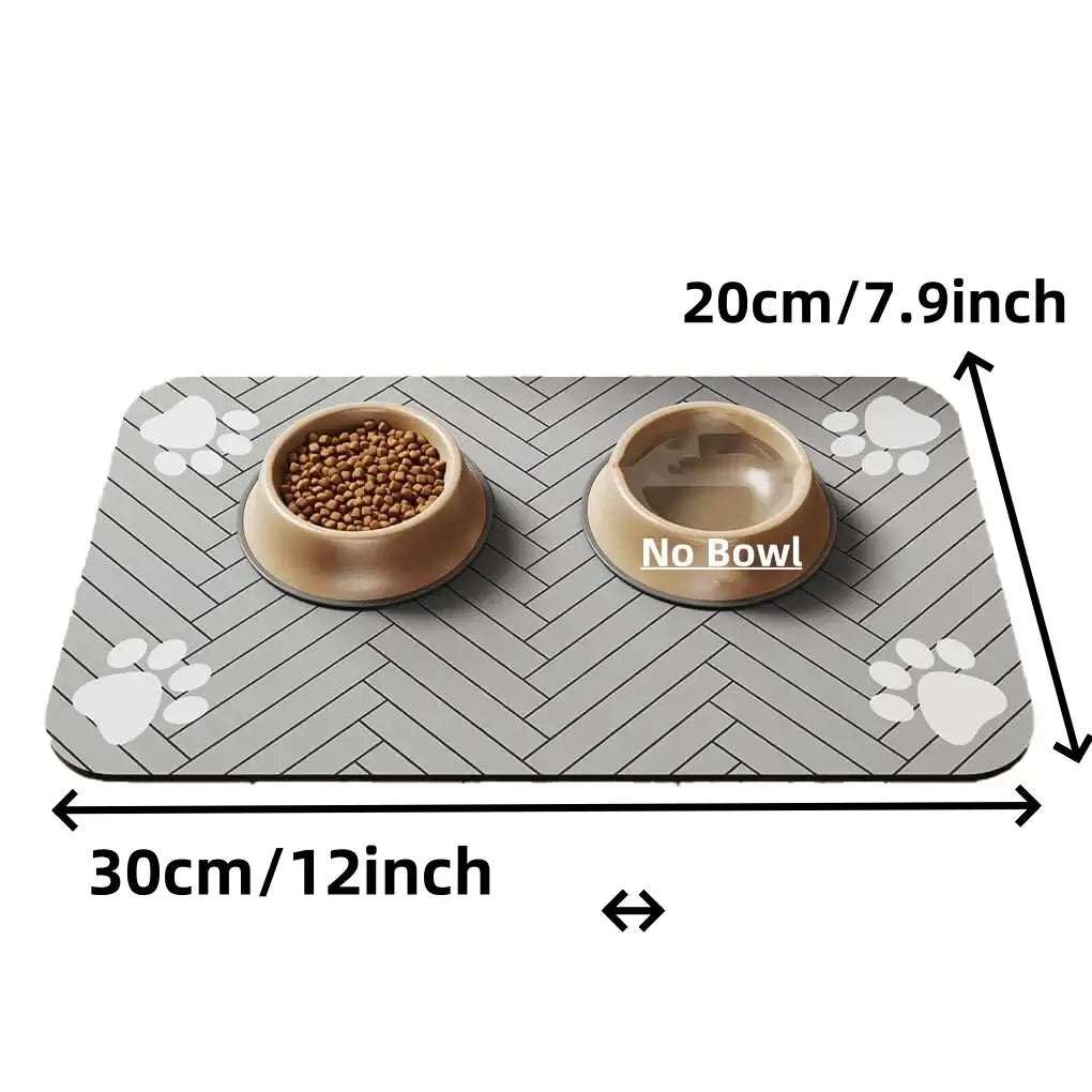 Waterproof pet feeding mat with two bowls, absorbent and quick-dry design, perfect for clean floors.