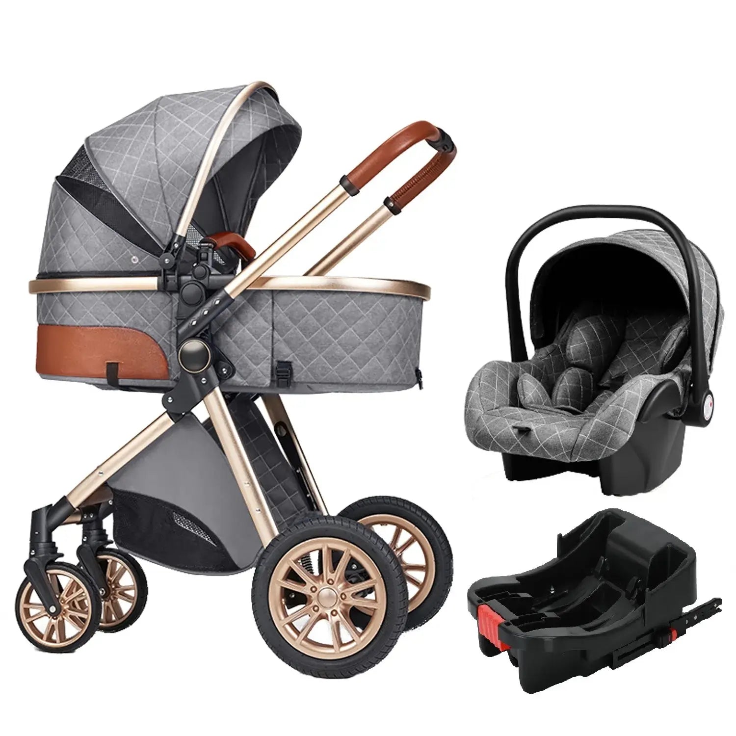 3 in 1 Luxury Stroller – Foldable and High Visibility with infant car seat and base, ideal for newborns and convenient for trips.