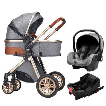 3 in 1 Luxury Stroller – Foldable and High Visibility with infant car seat and base, ideal for newborns and convenient for trips.