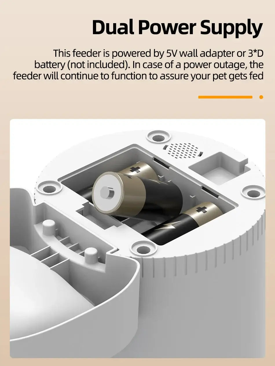 Dual power supply for smart pet feeder, powered by wall adapter or 3D batteries for continuous feeding.