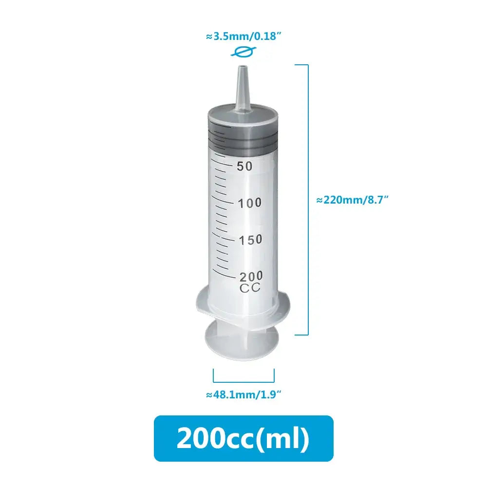 200cc multifunction syringe for pets, showing measurements and durable design for easy cleaning and versatile use.