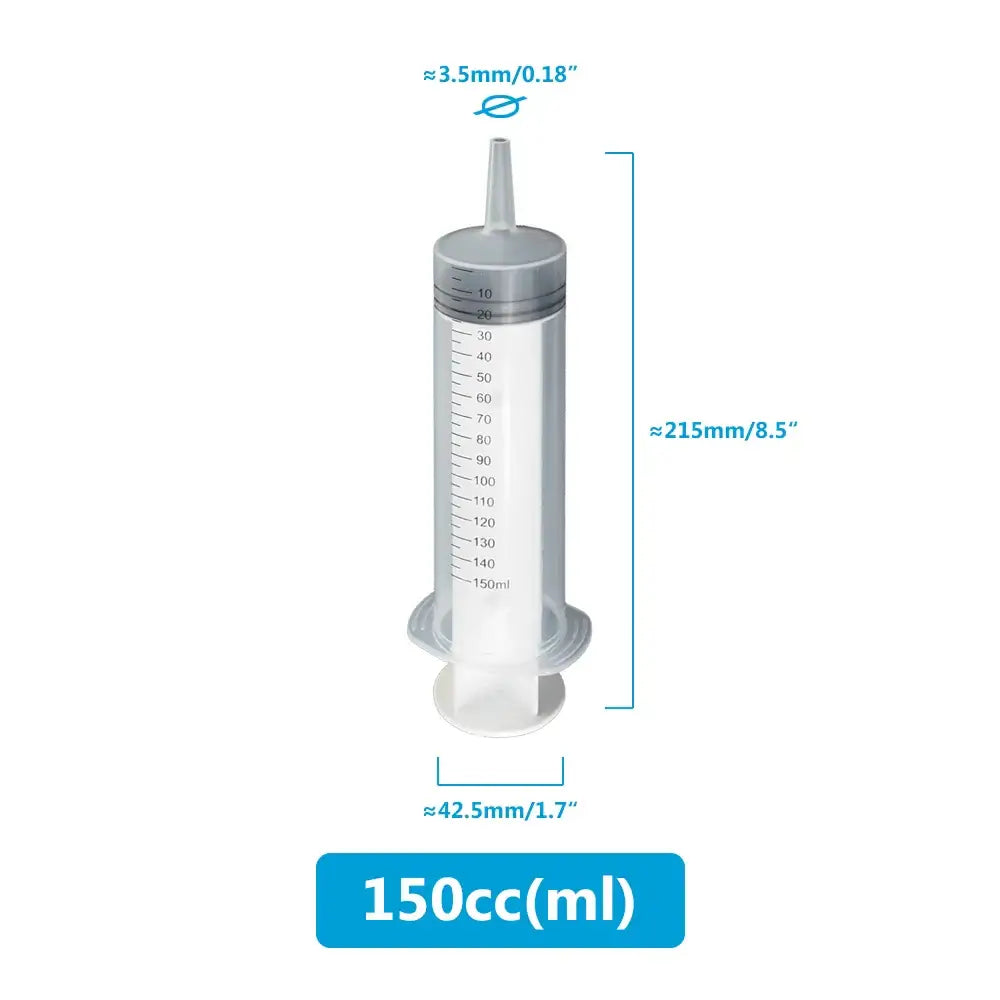 Multifunction syringe for pet care, 150cc capacity, measuring 215mm by 42.5mm, designed for easy cleaning and durability.