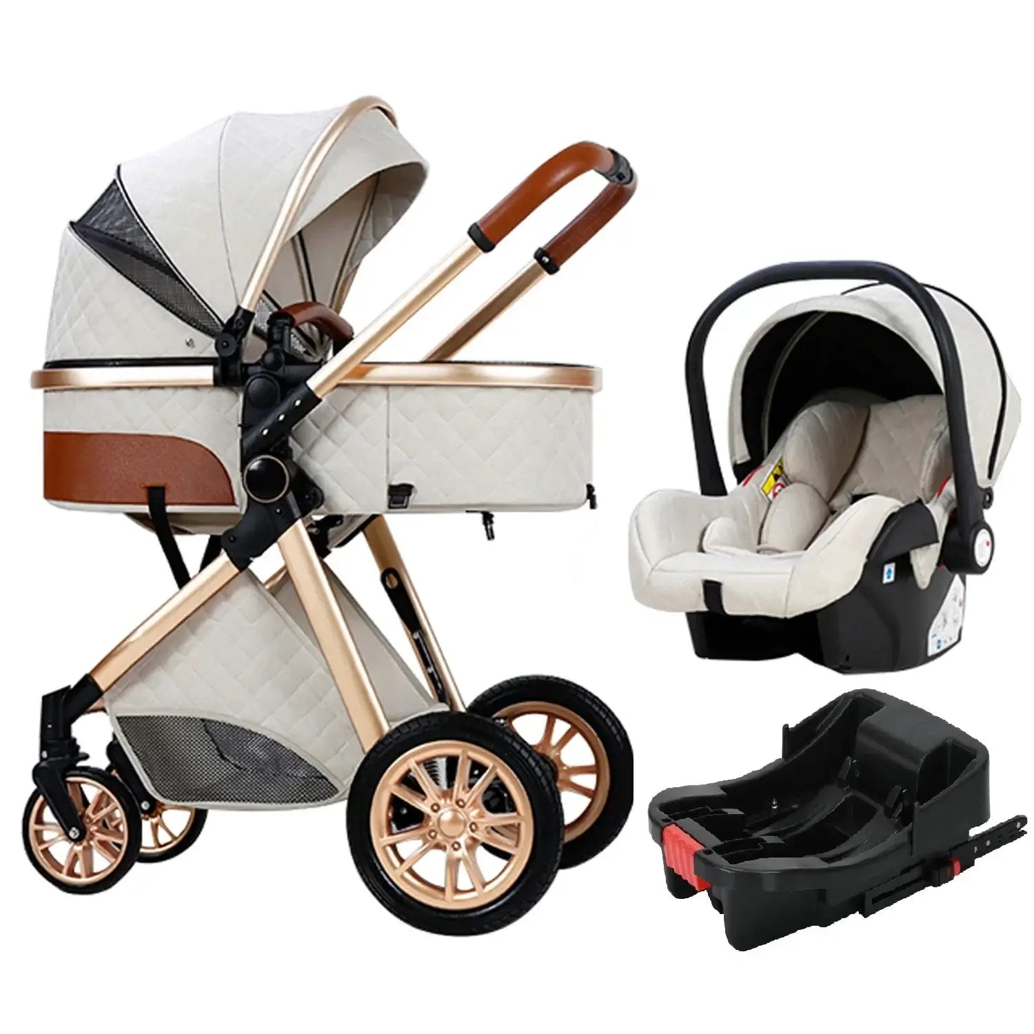 3 in 1 Luxury Stroller – Foldable and High Visibility with infant car seat and base, perfect for newborns and easy transport.