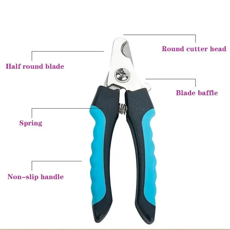 Professional pet nail clipper with sickle blade, non-slip handle, spring, and blade baffle for precise and safe grooming.