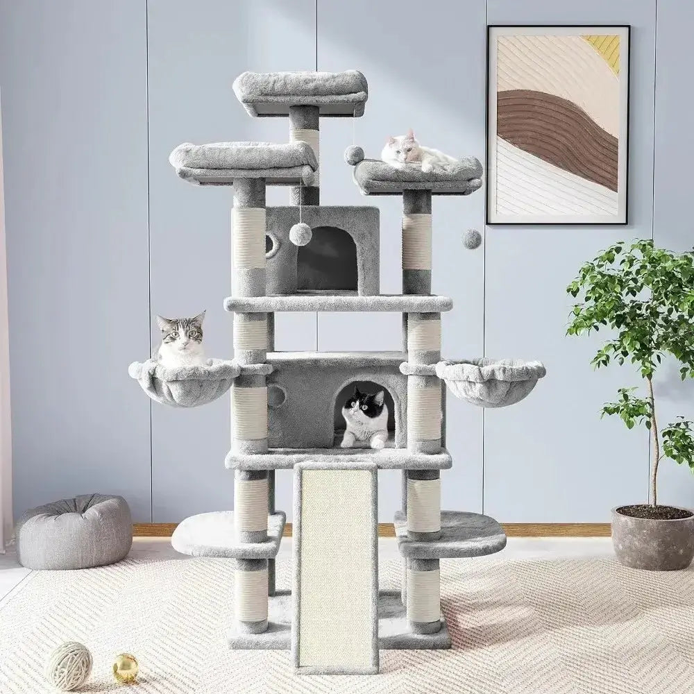 &quot;68 - Inch Multi - Level Cat Tree with Condo, Scratching Posts &amp; Towers – Light Grey&quot; - Paws For Baby