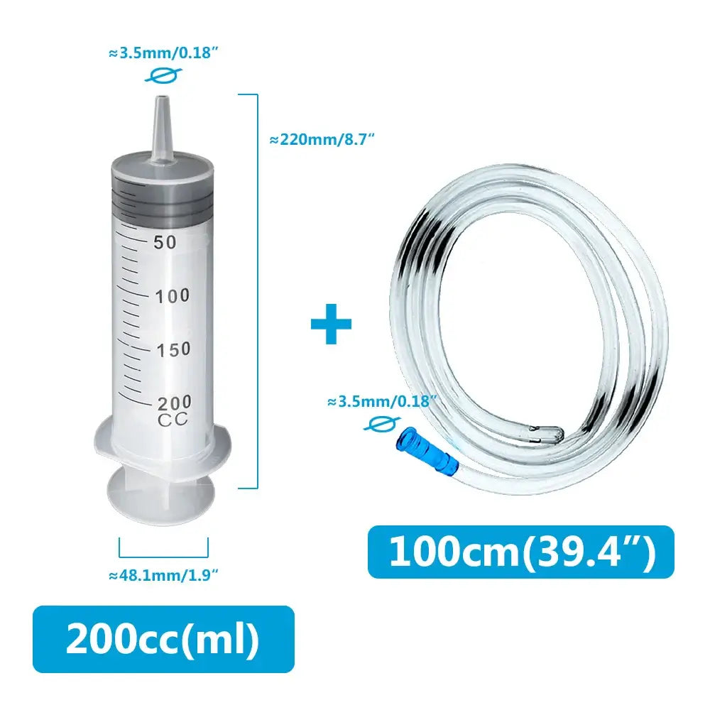 Multifunction syringe for pet care with 200cc capacity and 100cm hose, ideal for liquids and easy to clean.