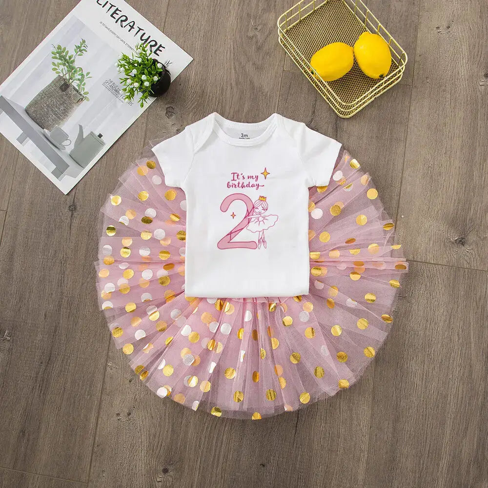 1st Birthday Pink Tutu Dress &amp; Romper Set for Baby Girl