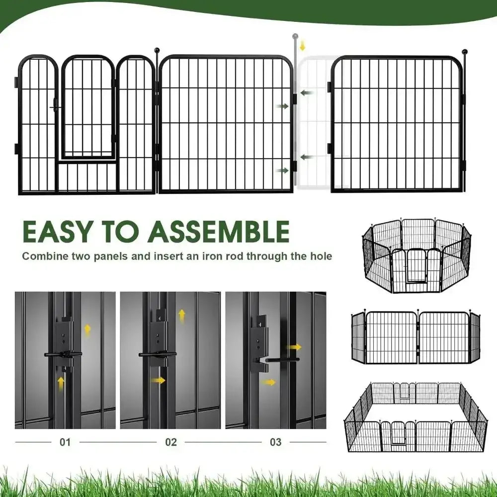 Easy to assemble no-dig metal dog fence with gate for yard and camping showing installation steps and different configurations.