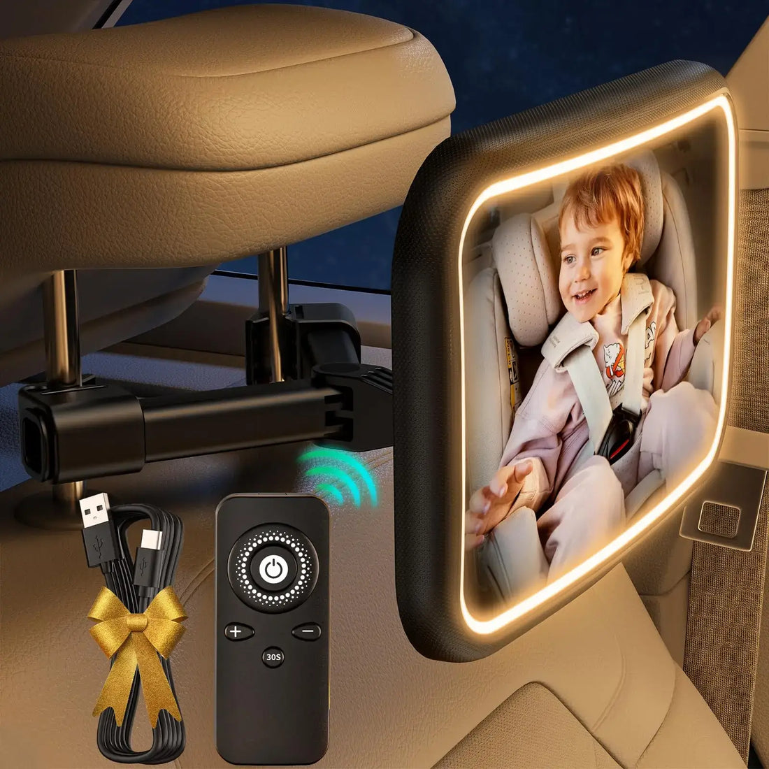 Baby Car Mirror with Light – Rechargeable &amp; Secure Fit